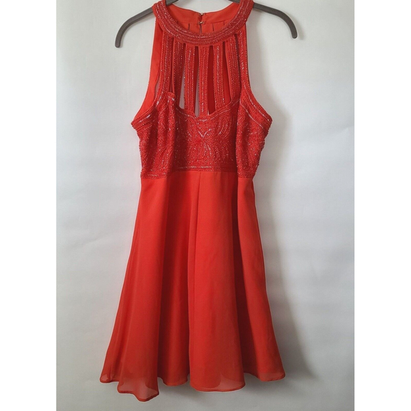 ASOS Sequined Halter Skater Dress Sz 10 Red Sleeveless Chiffon Fit Flare EUC - Picture 1 of 10